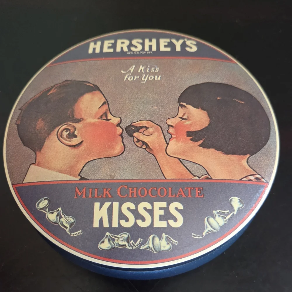 Vintage 1982 Hersheys Milk Chocolate Kisses Round Candy Tin Can Container CLEAN
